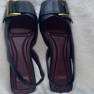 SARTO By Franco Sarto Black Leather Slingback Mules with Gold Buckle